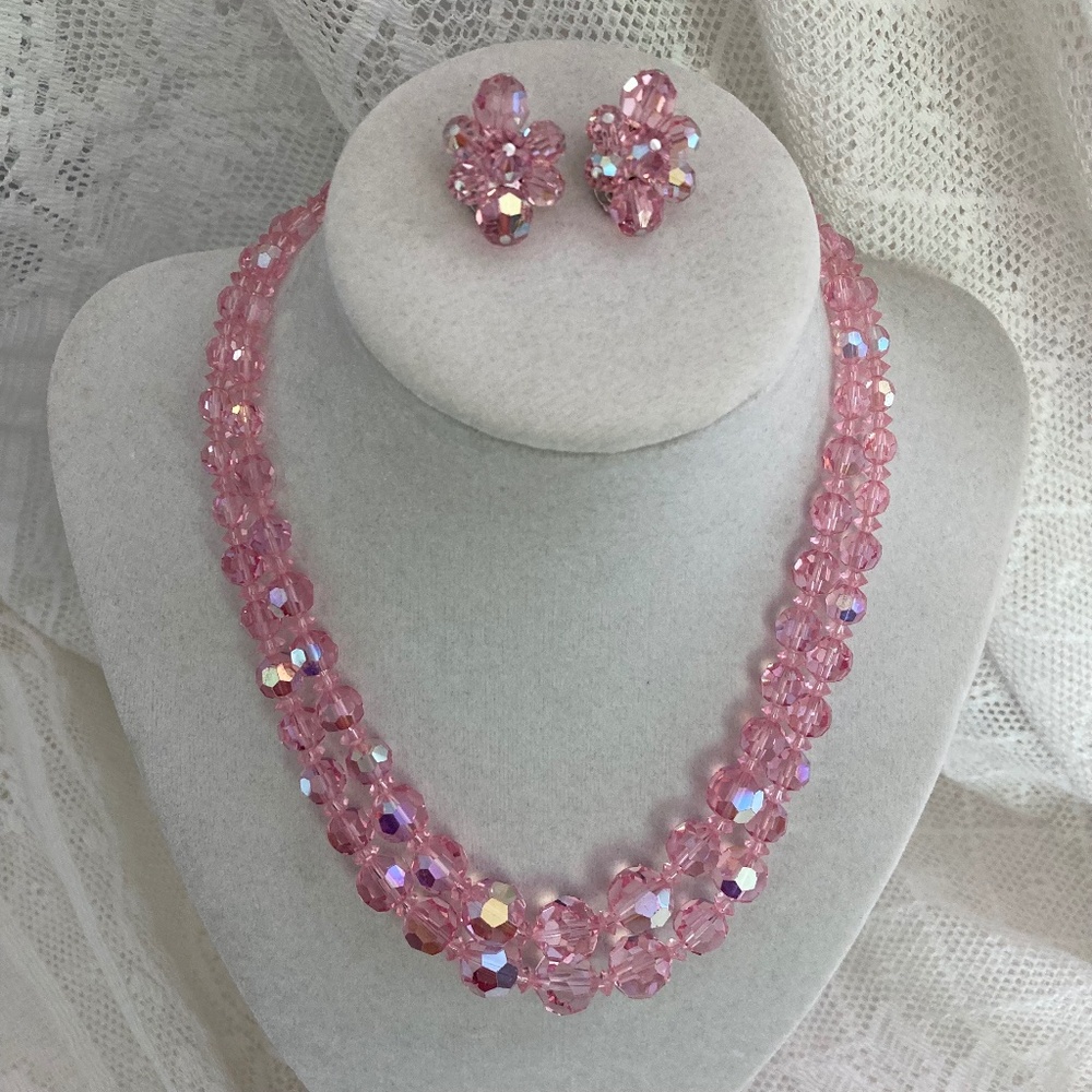Vintage Sherman Pink Crystal Necklace and Earring Set